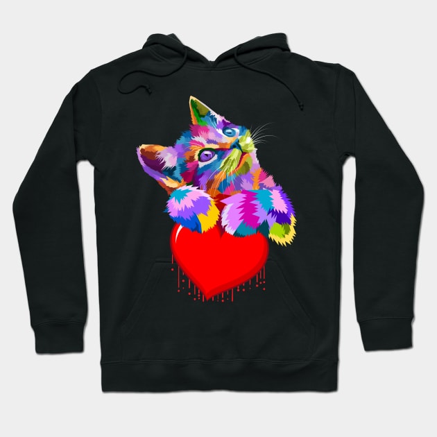 Cute Colorful Cat Hugging Dripping Heart Hoodie by FabulousDesigns